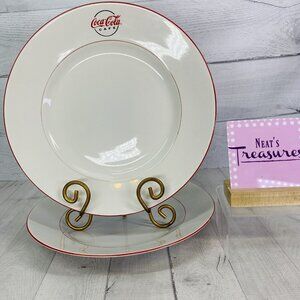 Gibson COCA COLA CAFE DINER Pat Red Trim Logo Rim Verge 11" Dinner Plates Set 2